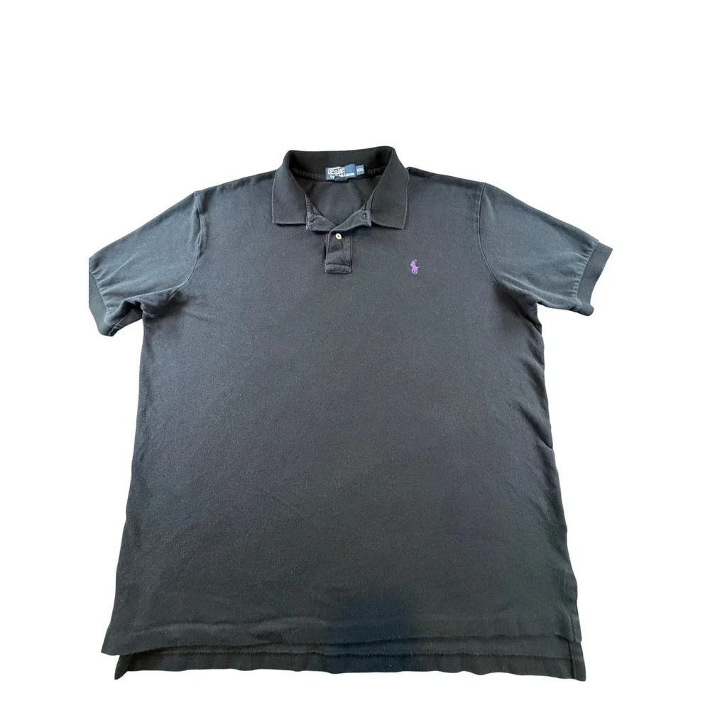 Polo Ralph Lauren Mens XXL Black Short Sleeve Pique Polo Shirt Purple Pony Logo